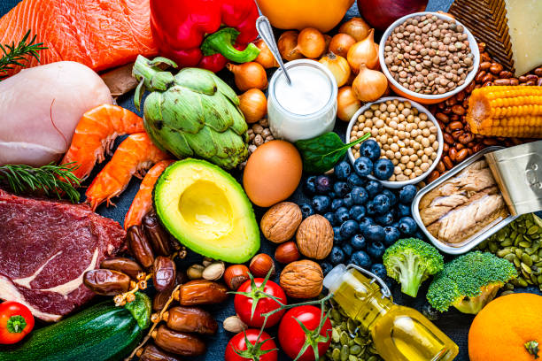 Healthy foods including vegetables, fruits, nuts, seeds, and protein sources